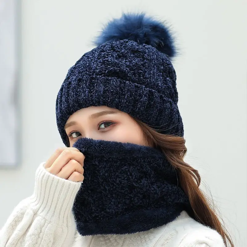 2 шт./компл. Для женщин Коренастый плетеный ребристые вязаная шапка зимняя одноцветная шапка с манжетой Кепки синель пушистым помпоном мяч с утолщенный шарф