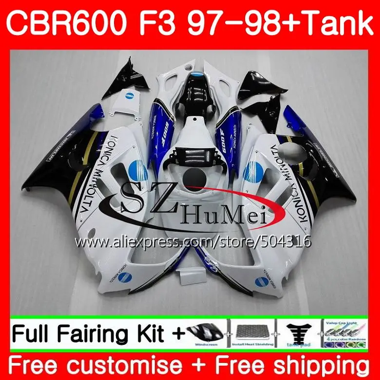 

Body For HONDA CBR600F3 CBR600RR F3 CBR KONICA blue 600F3 FS 47SH10 CBR600 F3 97 98 CBR600FS CBR 600 F3 1997 1998 Fairings kit