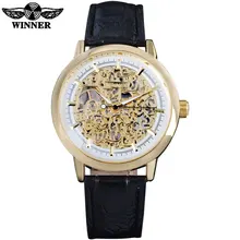 2018 WINNER famous popular hot mechanical brand for men man fashion casual classic skeleton watches gold white dial leather band