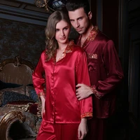 fashion brand real silk couple pajama two piece red 100 silk sleepwear female male spring autumn long sleeved pyjama sets oy11