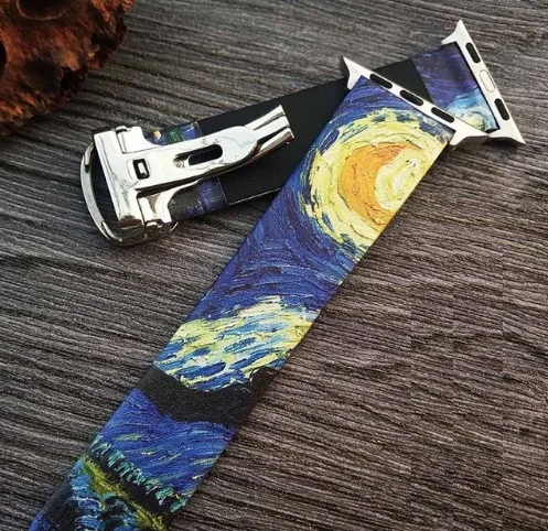Starry night Художественный напечатанный кожаный ремешок Van Gogh для Iwatch, ремешок серии 5, 4, 3, 2, 1, цветочный ремешок для Apple Watch, ремешок 40 мм, 38 мм, 44 мм, 42 мм - Цвет ремешка: Starry night