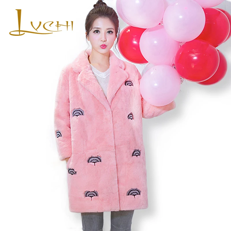 LVCHI элегантное модное зимнее теплое пальто розового цвета с кроличьим мехом и