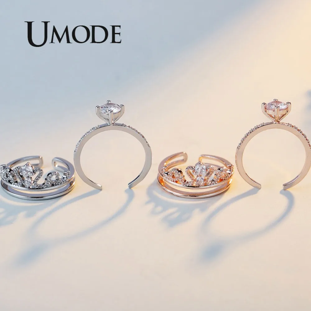 Женское кольцо с короной из циркония UMODE съемное двойное цвета розового золота