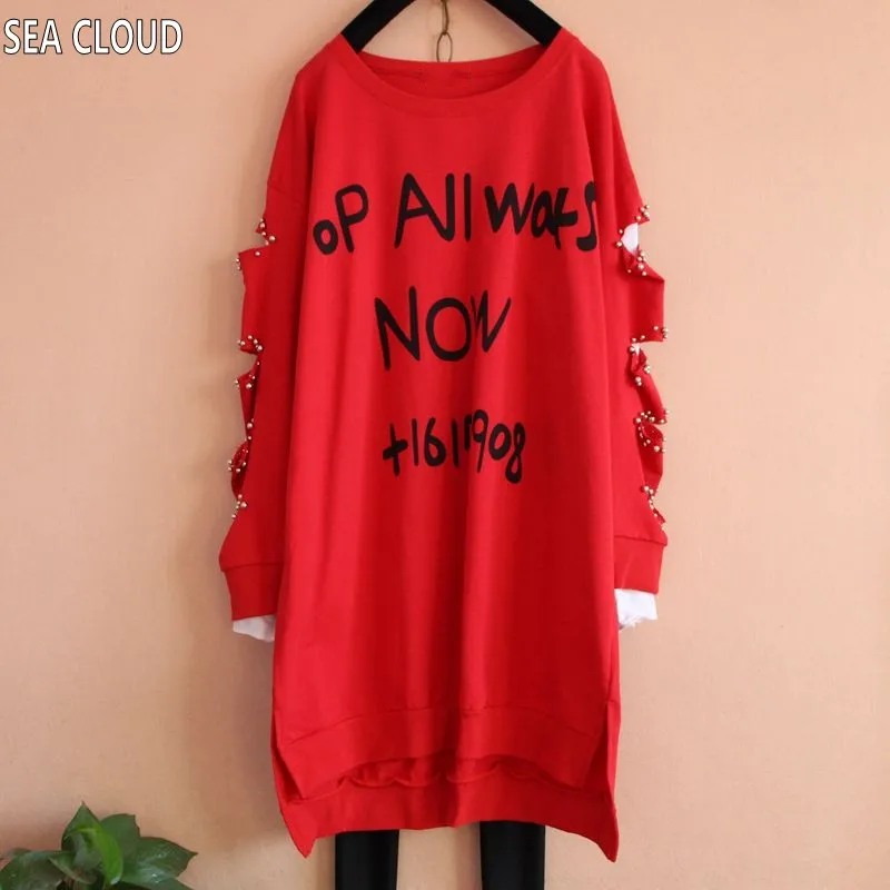 

82 spring clothing plus size loose long design female long-sleeve T-shirt beading shirt big hole basic shirts