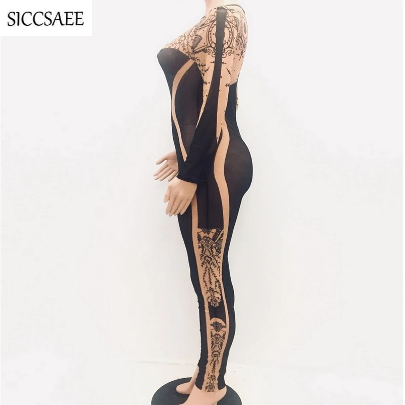 Цветочный принт сетки утягивающий комбинезон для женщин 2019 Весна прозрачный