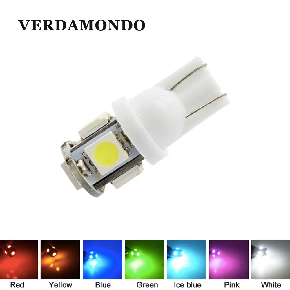 

T10 W5W 194 168 Led Car Lights 5050 5 SMD Parking Bulb Auto Wedge Clearance Reading Lamp Red White Blue Green Yellow Pink 12V DC