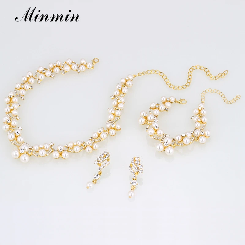 Minmin Кристалл Имитация жемчужные Свадебные украшения наборы золотого цвета