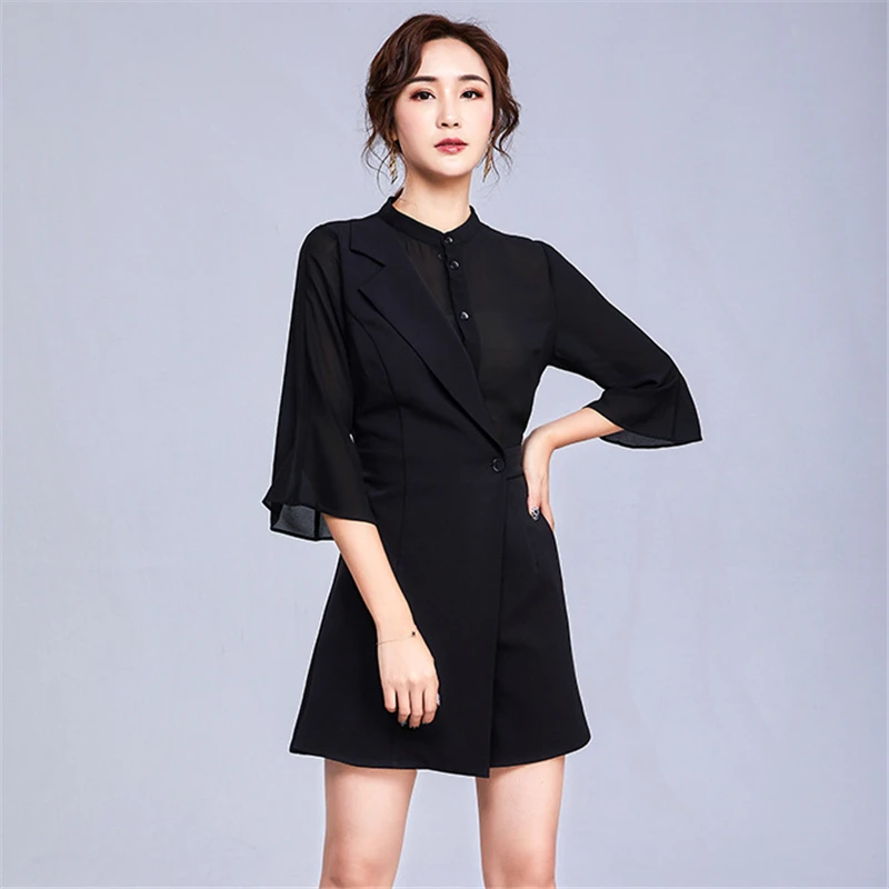 New Spring Summer small Suit stitching Solid color single-breasted jumpsuit Women seven-point sleeve fake two W009 |