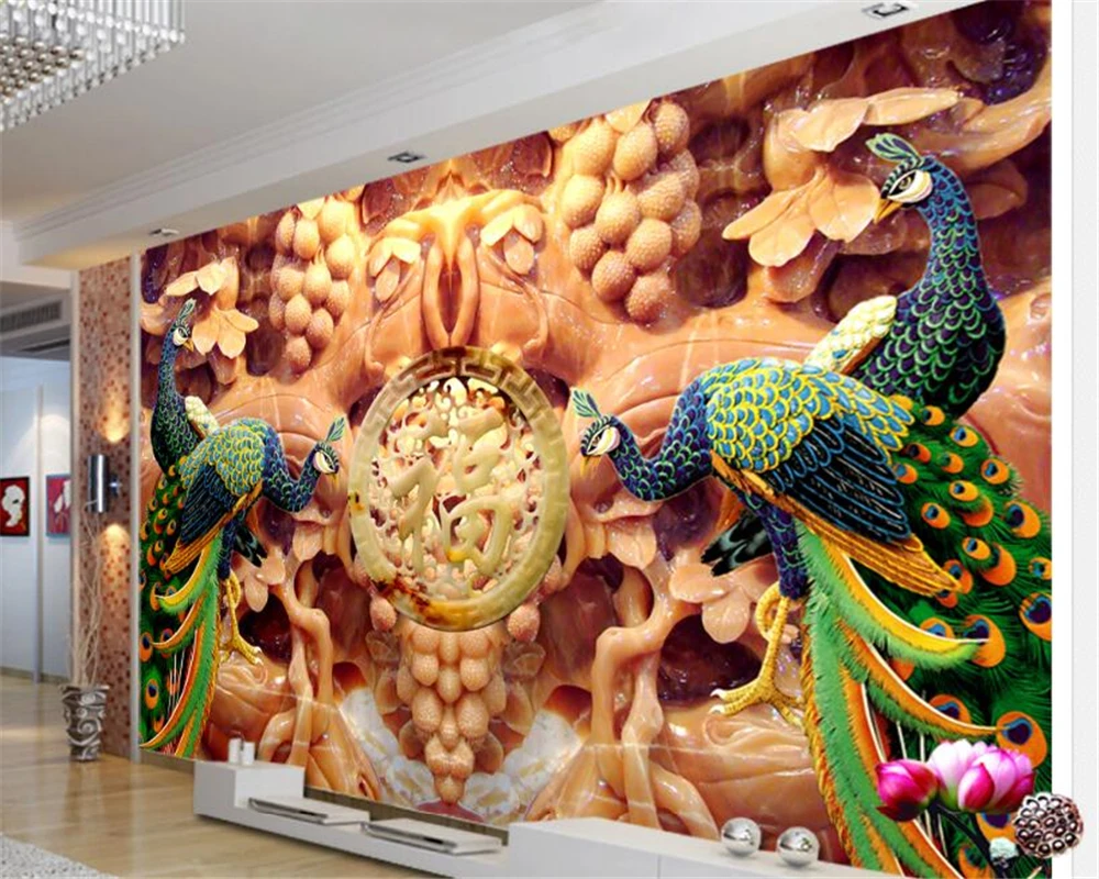 beibehang Advanced Wallpaper Jade Carp Peacock Nafu TV Backdrop Decorative Paintings papel de parede 3d wallpaper tapety | Обустройство