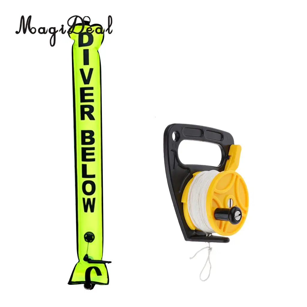 

MagiDeal 4 Foot Scuba Diving Snorkeling " Diver Below" SMB Surface Marker Buoy Safety Sausage Float & Dive Reel Finger Spool