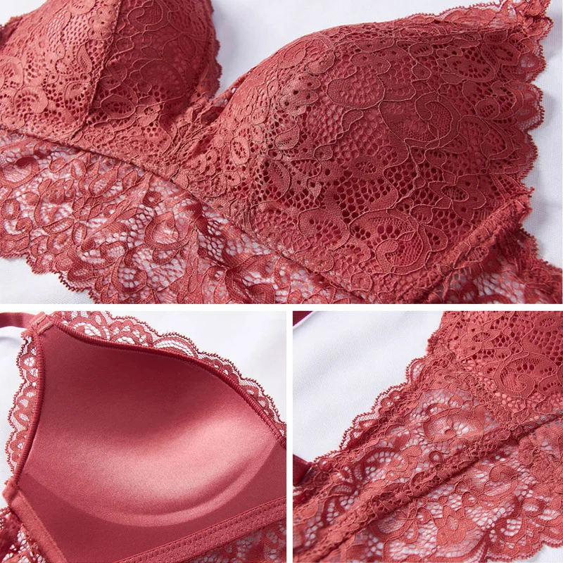 Женский кружевной комплект нижнего белья розовый с пуш-ап бюстгальтером и