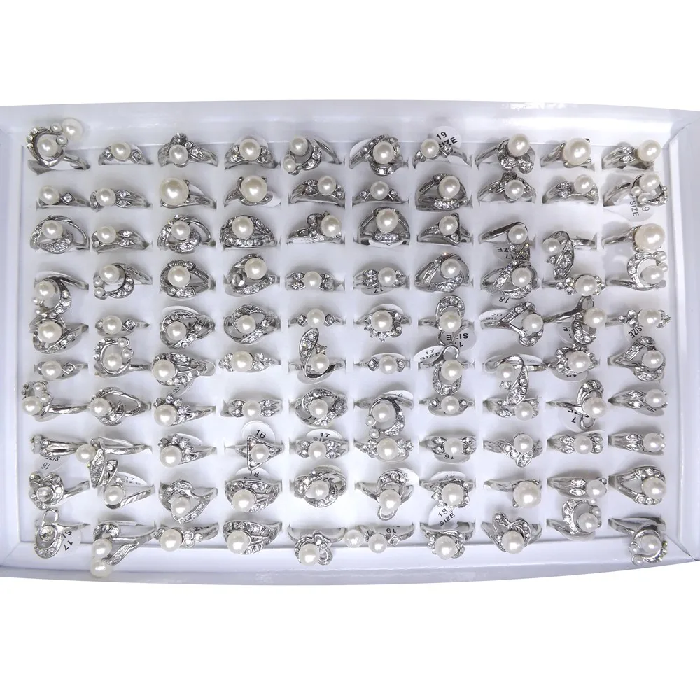 Модные кольца с имитацией жемчуга цвета металлик смешанные модели 50 шт./лот |