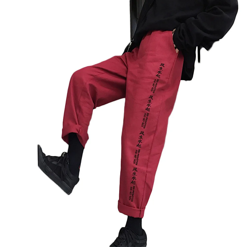 WineRed Pants Брюки Харадзюку для женщин и мужчин ретро Китайская вышивка прямые повседневные брюки свободные штаны унисекс - Цвет: WineRed Pants
