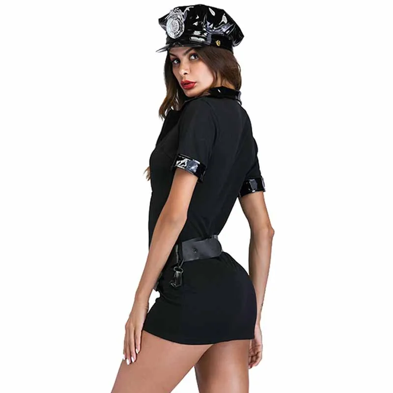 ПВХ кожаный воротник Cop Костюм Adultes Хэллоуин полиция мини Нарядное вечернее