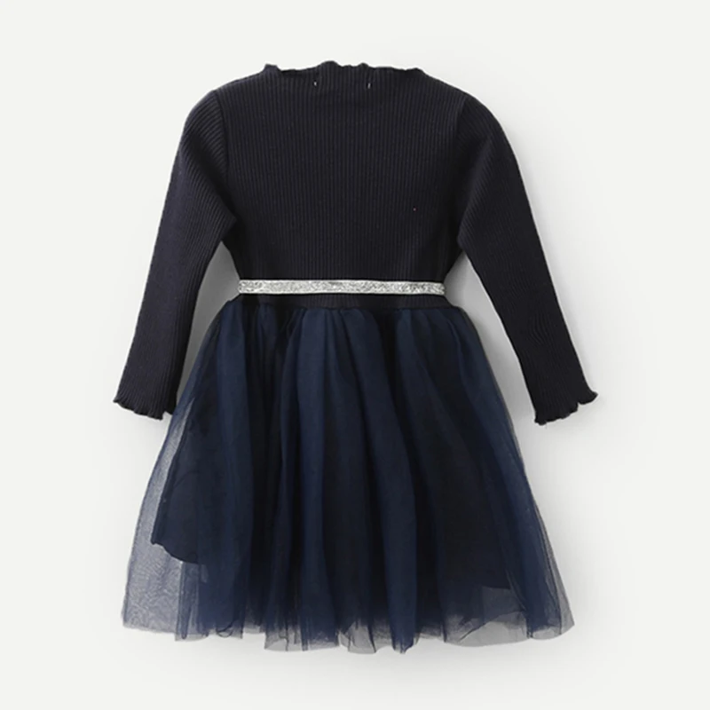 SHEIN Kiddie/повседневное платье из сетчатой ткани с оборками и контрастным узором в виде черной звезды для маленьких девочек; коллекция года; весенние детские Расклешенные платья с длинными рукавами