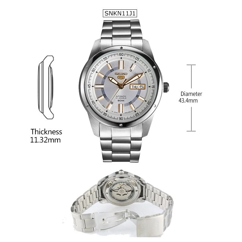 SNKN11J1 gold Seiko 5 оригинальные мужские часы модные деловые часы водонепроницаемые светящиеся мужские наручные часы - Цвет: SNKN11J1 gold