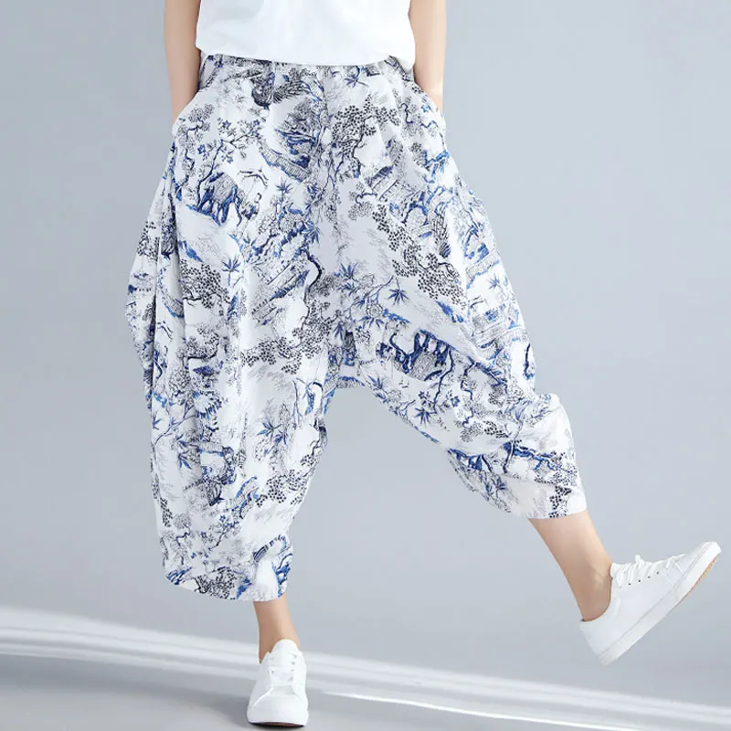 Большой Размер Женщин Шаровары Старинные Голубой и Белый Фарфор Печати