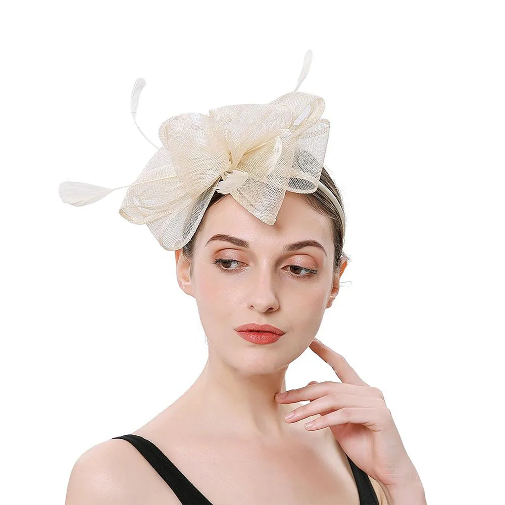 Beige Hat FS Элегантный Бант чародейная шапка Цветок женские церковные шляпы дамы Свадьба невесты аксессуары для волос с пером - Цвет: Beige Hat