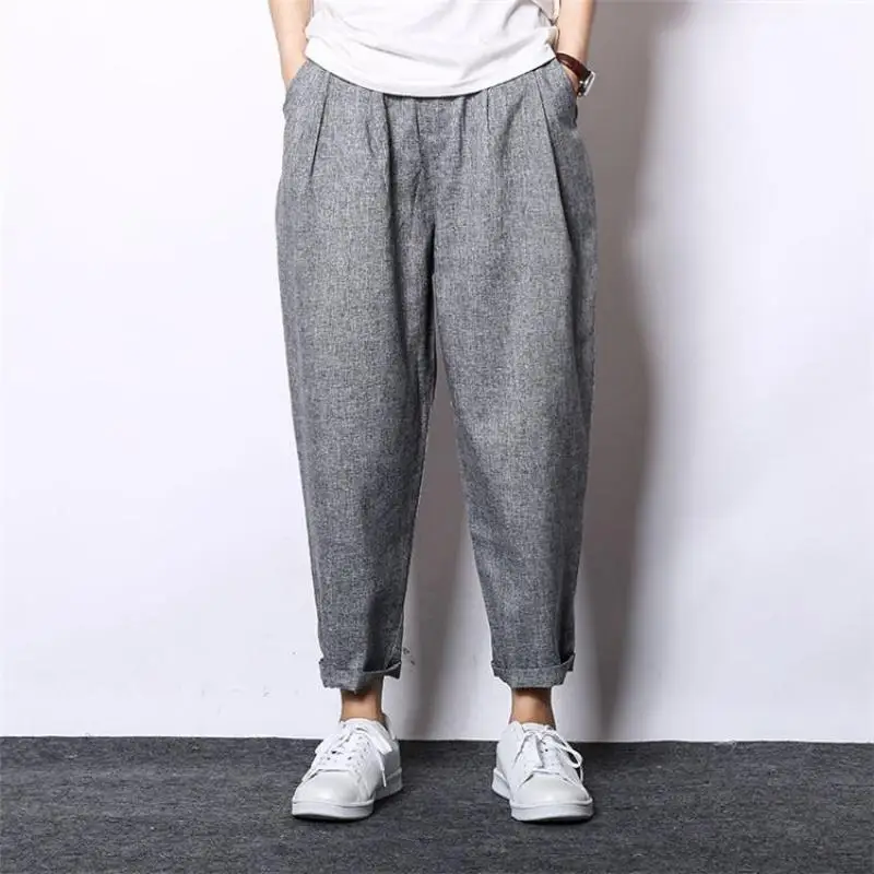 

Брюки мужские льняные с эластичным поясом, модные повседневные светильник Ки-султанки в винтажном стиле, легкие брюки до щиколотки, 6 цветов...