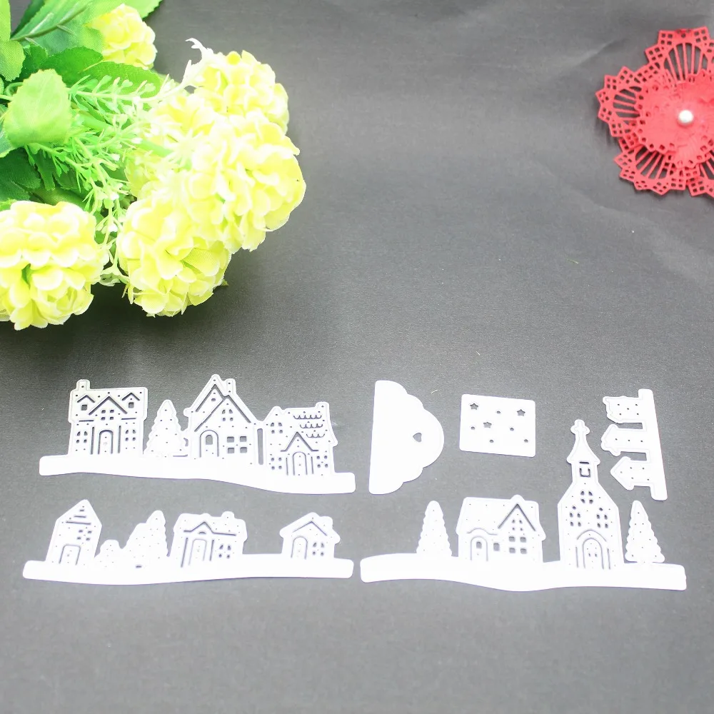 Swovo 200*82mm Small village Metal Cutting Dies Stencil Decorative Scrapbooking Craft Embossing Dies for Making diy Paper Cards