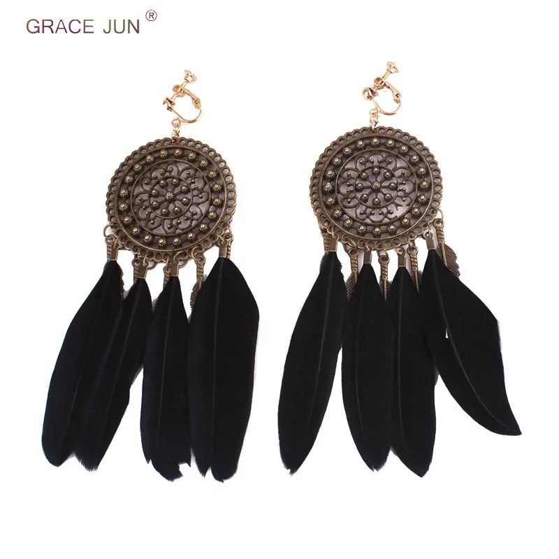 Серьги-клипсы женские большие круглые, 8 цветов в наличии, с перьями, без проколов, модные эффектные этнические серьги для пирсинга