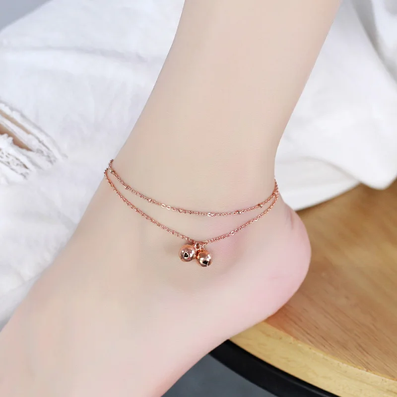 

YUN RUO Fashion Rose Gold Anklet Double Bells Chain Charm Woman Girl Gift 316 L Stainless Steel Jewelry Top Quality Never Fade