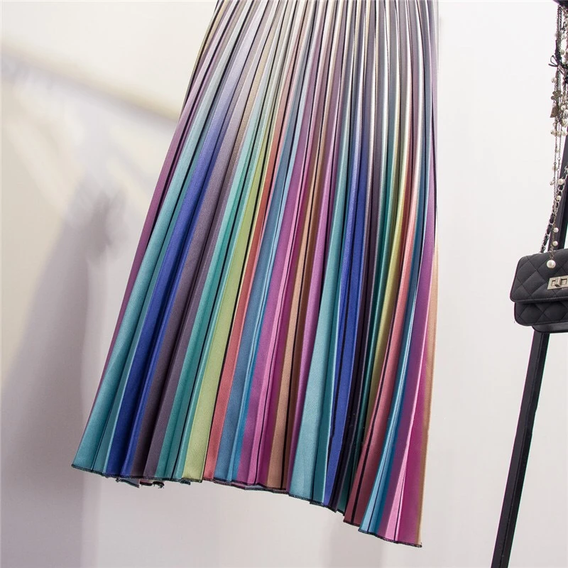 

2019 Spring Fashion Contrast High Waist Pleated Skirt Rainbow Striped A-line Mid-Calf Skirts European Style High Quality Skirts