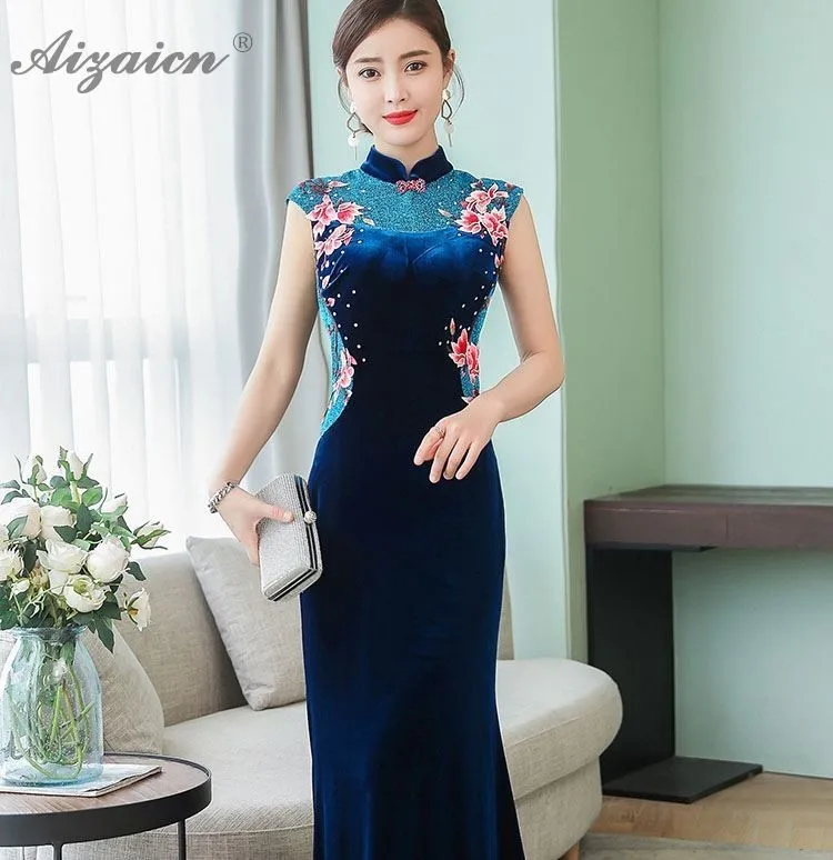 Новинка года; бархатные Длинные вечерние платья Ципао с вышивкой; Chinoise; темно-синие платья Русалочки Qi Pao; традиционная китайская одежда; платье