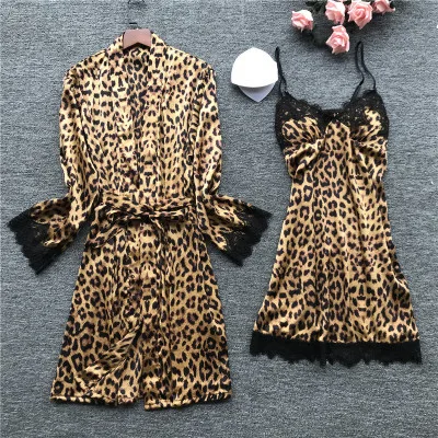 leopard Daeyard женский халат набор Шелковый Леопардовый халат и ночная рубашка 2 штуки домашний костюм Летняя Сексуальная кружевная пижама ночная рубашка - Цвет: leopard