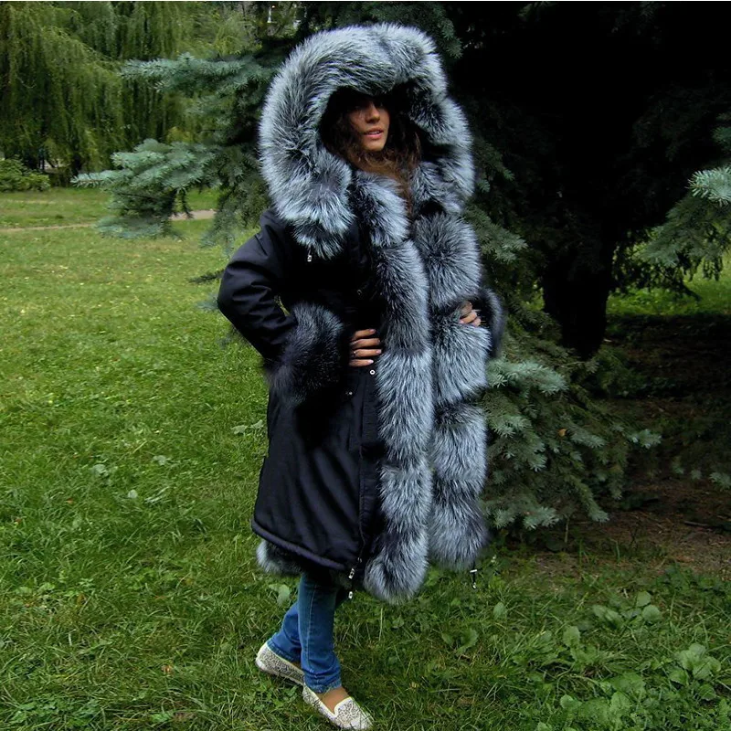 FURSARCAR Women's Winter Real Fur Parka Natural Silver Fox Fur Lining Inside Hood Fashion Luxurious Black Fur Jacket Parkas