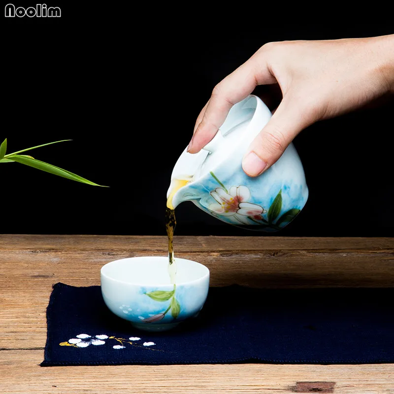 NOOLIM Longquan Celadon Цзиндэчжэнь ручная роспись персиковая Лилия чайный набор чайник 1 горшок 1 чашка путешествия портативный чайный набор кунг-фу