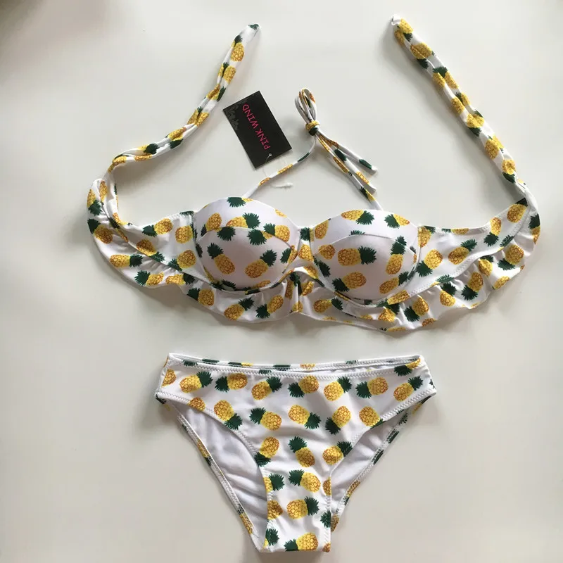 PINK WIND Tropical Yellow Pineapple Brazilian Bikini Set Bathing Suit Push Up Halter Bikinis Women Bandeau Swimwear Swimsuit | Женская