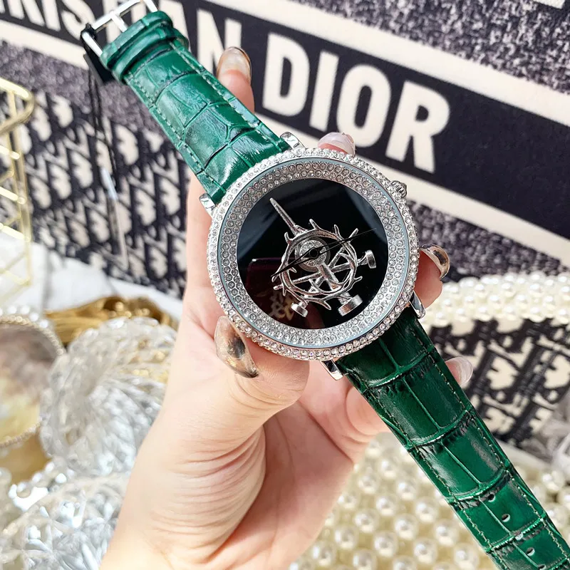 

GOOD LUCK Sword Spinning Watches for Women Luxury Full Crystals Dress Watch Waterproof Real Leather Wrist watch Rhinestones 3ATM