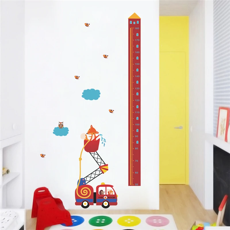 Cartoon Fox Owl And Fire Engine Height Measure Wall Stickers For Kids Room Home Decor PVC Growth Chart Decals Diy Mural Art | Дом и сад
