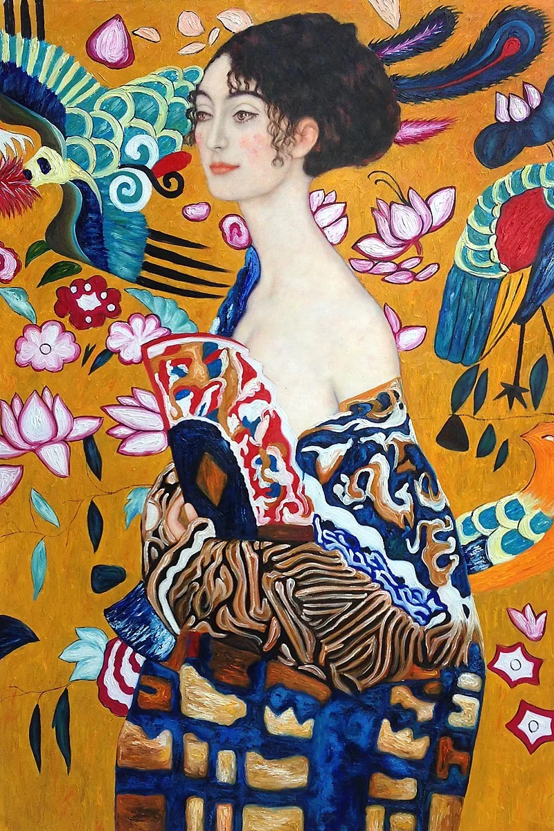 

Bedroom Arts Canvas Oil Painting Woman Portrait Signora con Ventaglio Interpretation by Gustav Klimt Paintings Reproduction