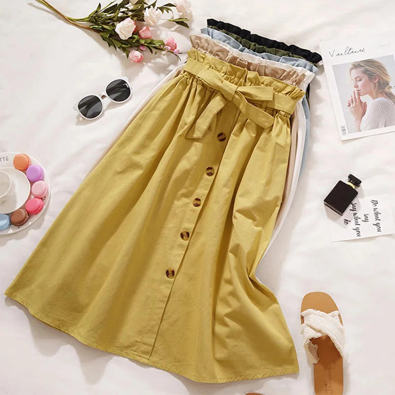 Женская плиссированная юбка с высокой талией однотонная до колена на кнопках