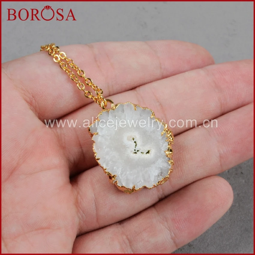 

BOROSA Natual 5Pcs Gold Color Solar Quartz Necklace Golden Chain Sun Flower White Solar Quartz Druzy Necklace Jewelry G0226