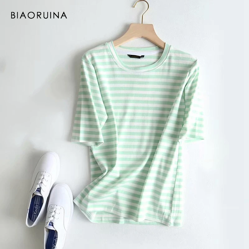 BIAORUINA Женская Повседневная полосатая футболка с коротким рукавом женские модные