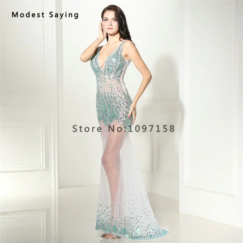 

Luxury See Through Sexy Mermaid V Neck Beaded Evening Dresses 2017 with Rhinestone Night Party Prom Gowns vestido longo de festa