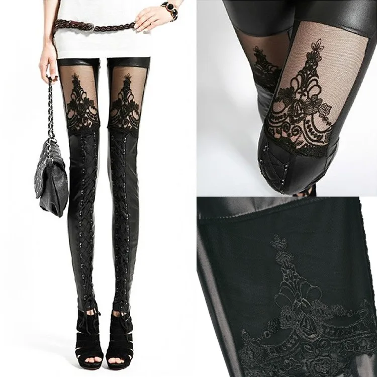 2016 Черный Панк Готический Женская Мода Поножи Сексуальная Синтетическая Кожа