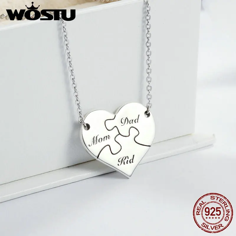 WOSTU 100% реального стерлингового серебра 925 I Love My Семья Головоломка Сердце Подвеска