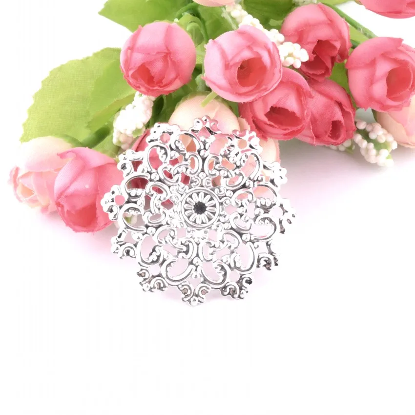 

Free shipping Retail 5 Embellishment Findings Flower Silver Tone Hollow Filigree Connectors Gift Decoration DIY 4.6X4.5cm F0338