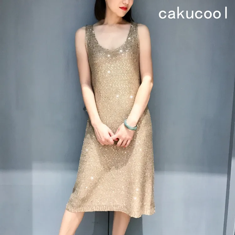 Cakucool женское летнее вязаное платье с блестками, облегающее, Vestido, сексуальное, с большим круглым вырезом, без рукавов, повседневное платье, шикарные вечерние Клубное длинное платье