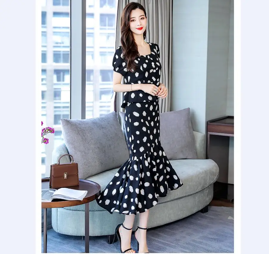 SUmmer Women Two Piece Sets top blouse Shirt and long mermaid Skirt Sets Fashion lady party dot Skirts suits