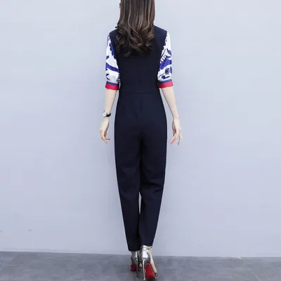 2019 Summer New Casual Fashion High Waist Jumpsuit Print V Collar Thin Section Feet Suit Women Plus Size | Женская одежда