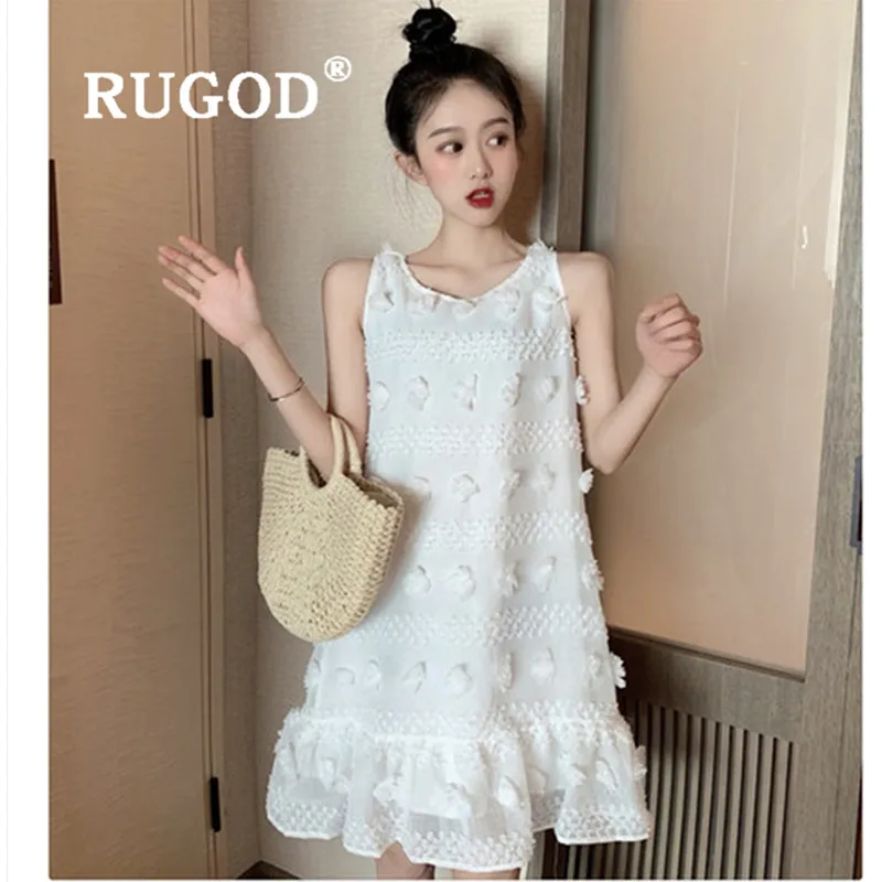 Женское платье с цветочной вышивкой RUGOD белое кружевное свободное оборками в