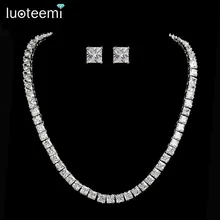 LUOTEEMI Brand Hot Selling Luxury Wedding Jewelry Shining Clear Square Cubic Zircon Choke White Gold-Color Necklace for Bridal