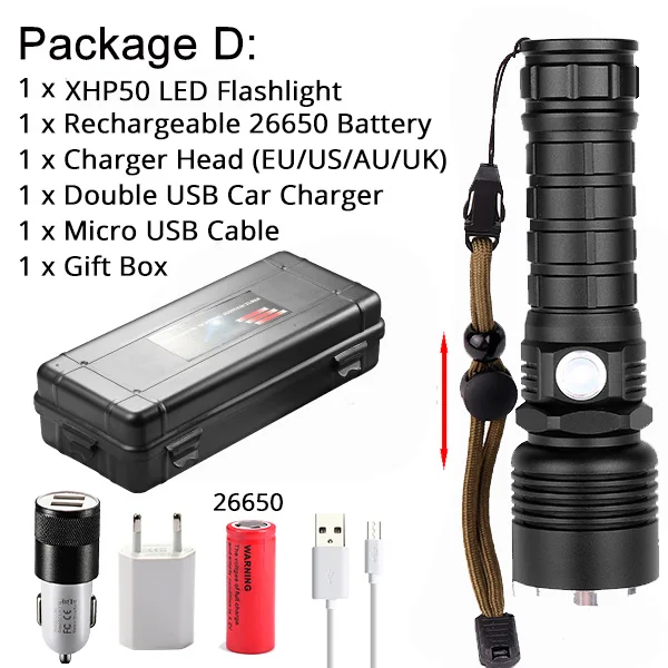 Option D Самый мощный светодиодный фонарик XHP70.2, фонарик с USB зумом, светодиодный фонарь, лампа XHP70 XHP50.2, аккумулятор 18650, лучше всего подходит для активного отдыха - Испускаемый цвет: Option D
