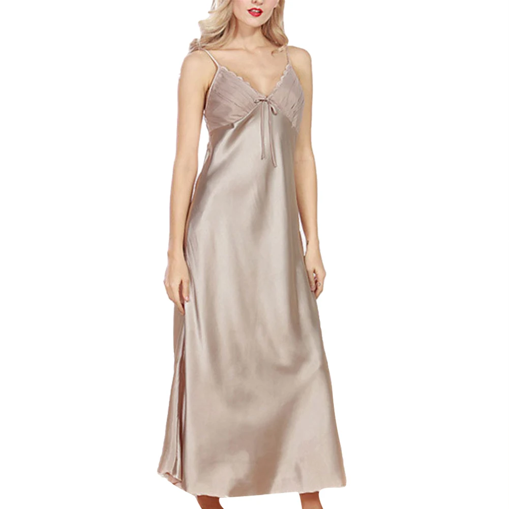 

New Summer Silk Pajamas Women Pleated V Neck Sleeveless Maxi Nightdress