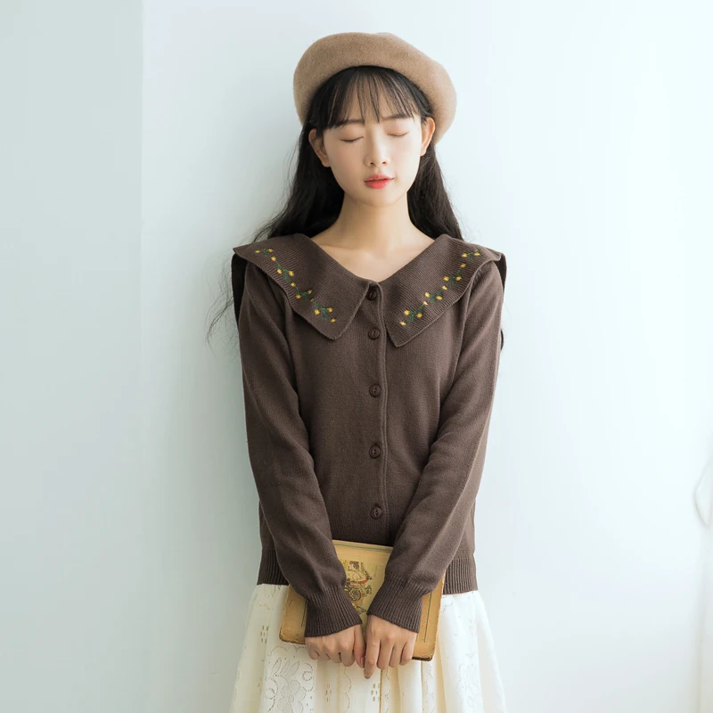 Mori Girl Chic Women Elegant Cardigan Peter Pan Collar Floral Embroidery Lady Casual Sweater Autumn Winter Kawaii Knitting Coat |